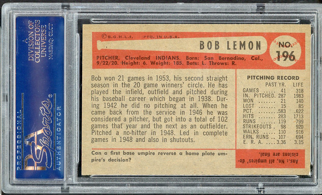 1954 Bowman Baseball #196 Bob Lemon Indians PSA 6 EX-MT 565167