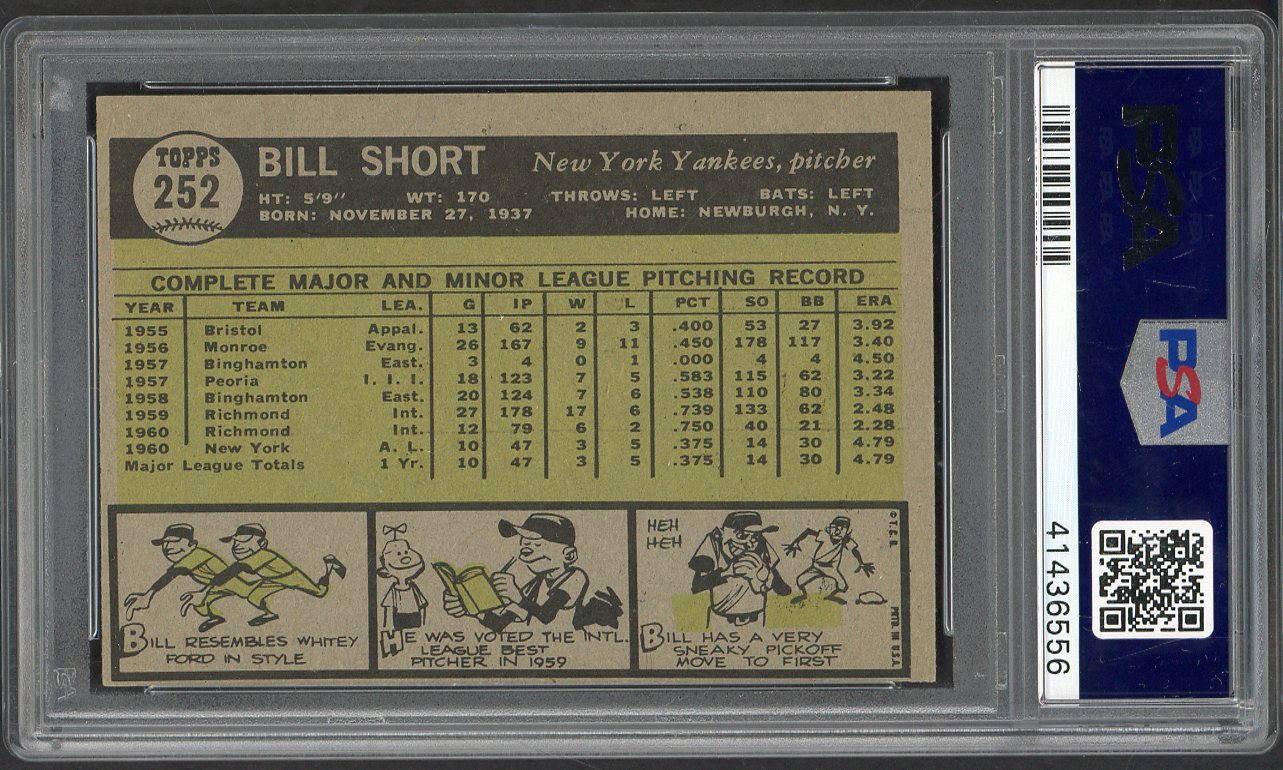1961 Topps Baseball #252 Bill Short Yankees PSA 7 NM 565170