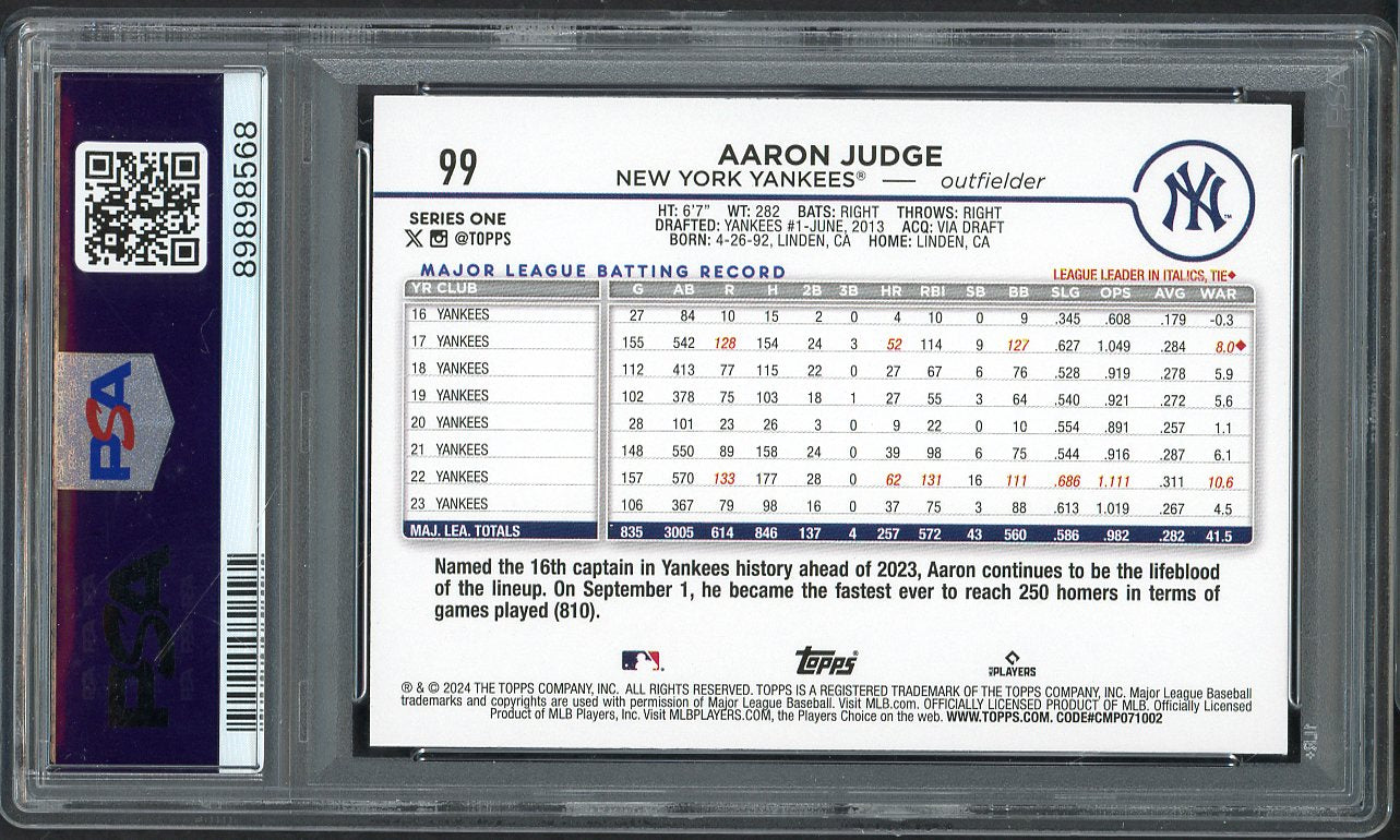 2024 Topps # 99 Aaron Judge Yankees PSA 10 GEM MINT 565185