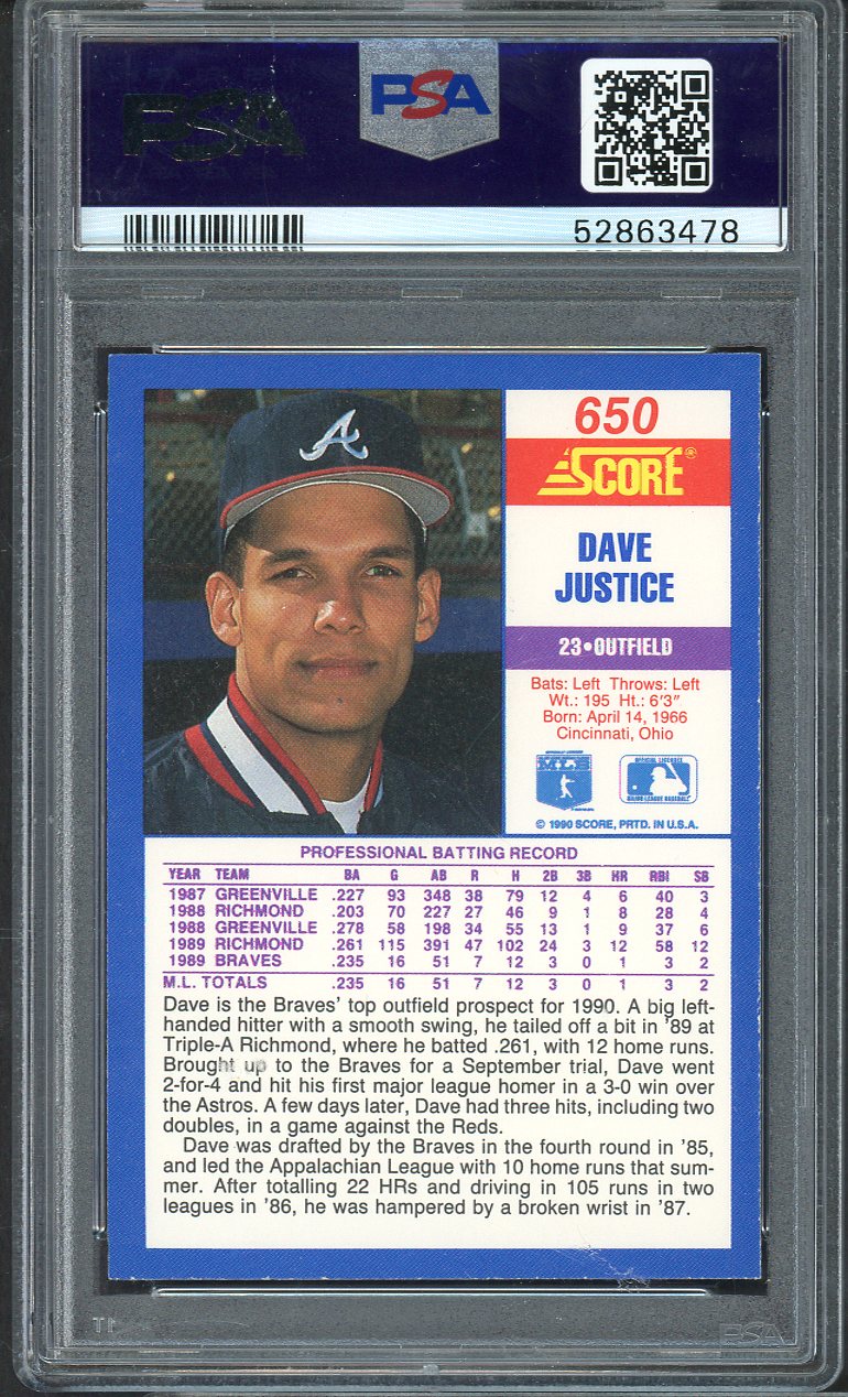 1990 Score #650 Dave Justice Braves PSA 8 NM/MT 565195