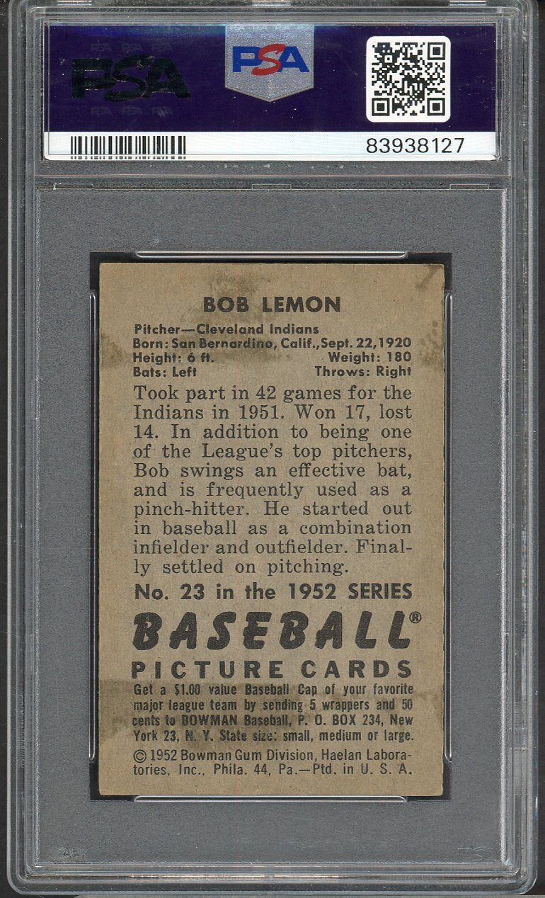 1952 Bowman Baseball # 23 Bob Lemon Indians PSA 5 EX 565196