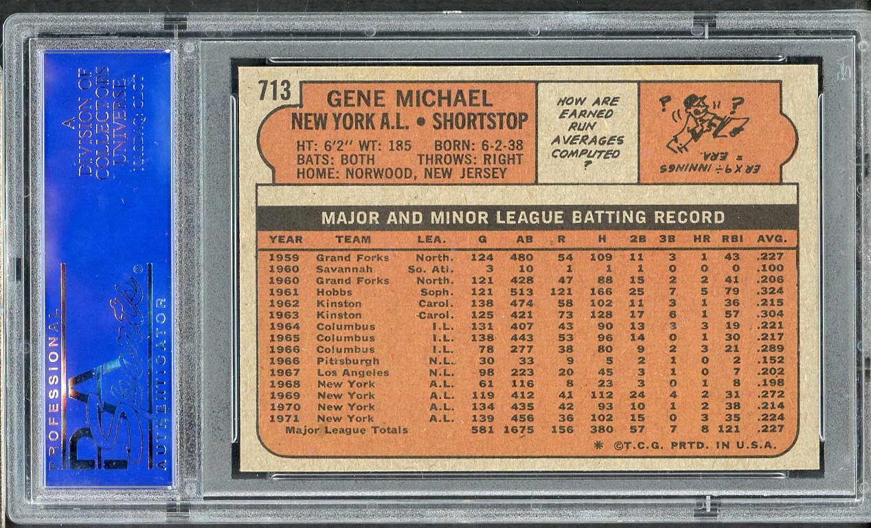 1972 Topps Baseball #713 Gene Michael Yankees PSA 8 NM/MT 565212