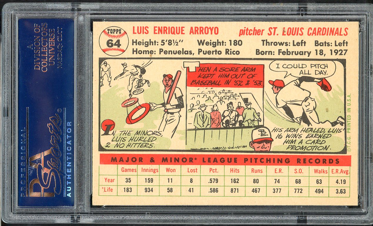 1956 Topps Baseball # 64 Luis Arroyo Cardinals PSA 8 NM/MT White 565215