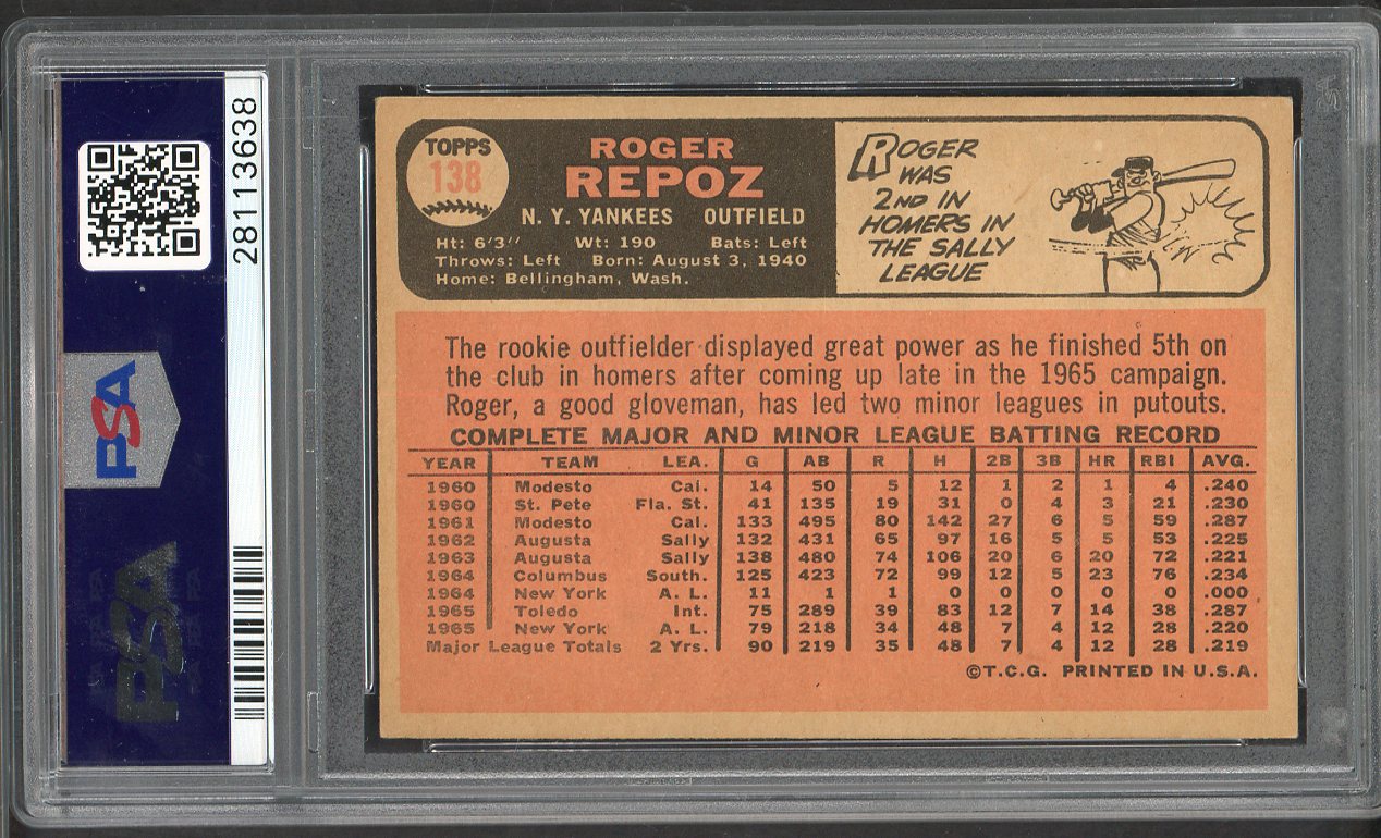 1966 Topps Baseball #138 Roger Repoz Yankees PSA 5.5 EX+ 565224