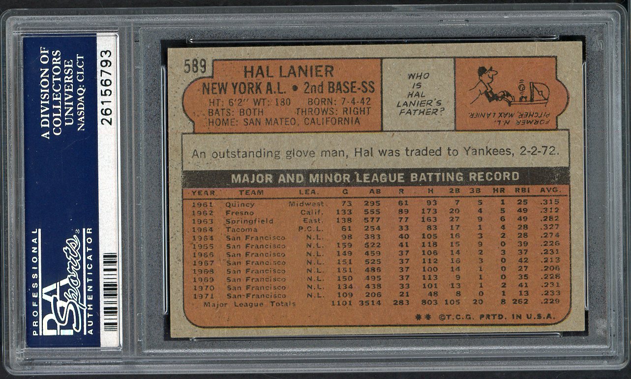 1972 Topps Baseball #589 Hal Lanier Yankees PSA 9 MINT 565226