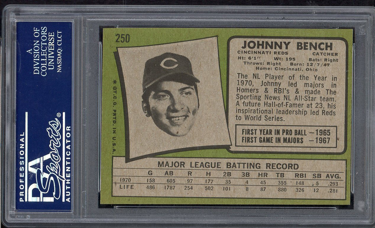 1971 Topps Baseball #250 Johnny Bench Reds PSA 6 EX-MT 565231