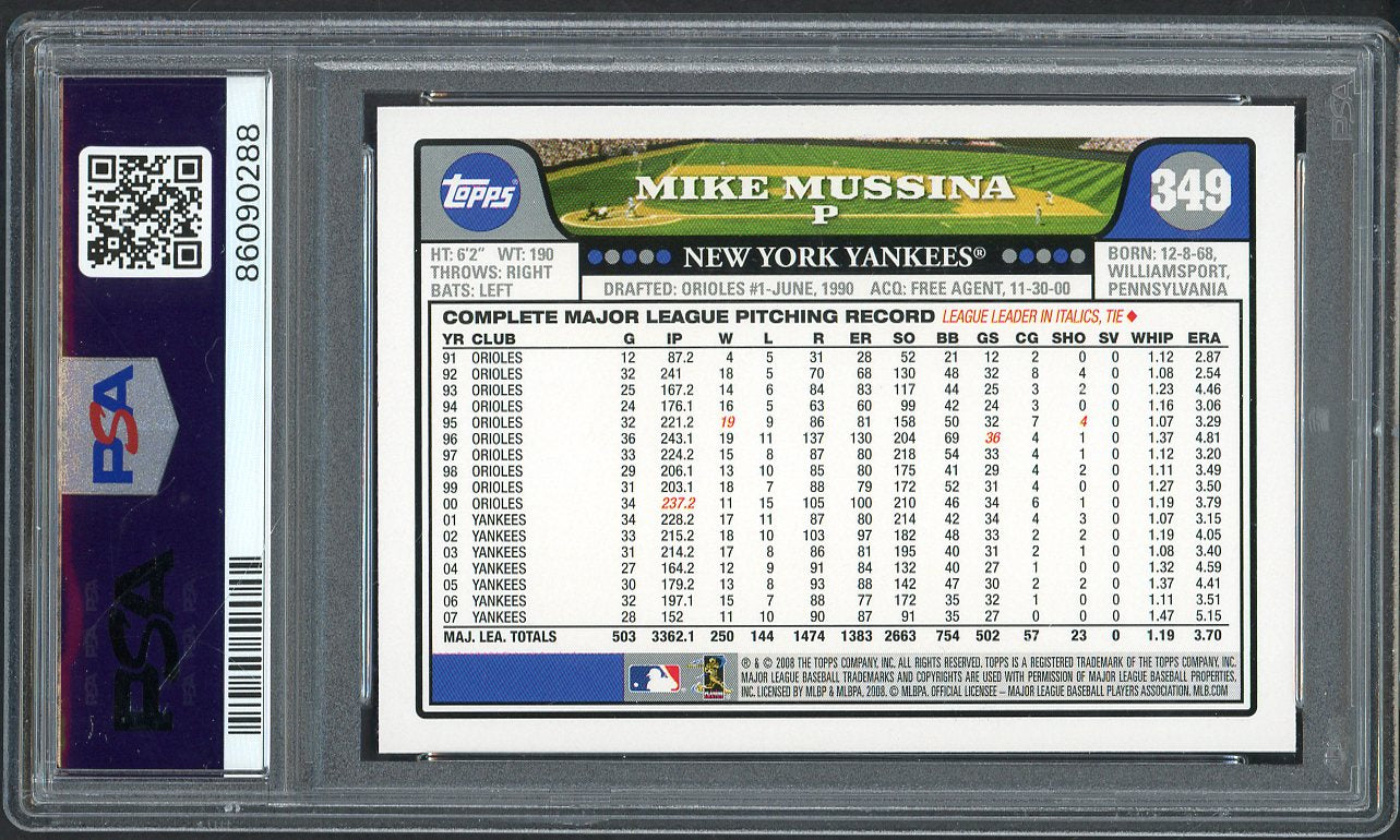 2008 Topps #349 Mike Mussina Yankees PSA 10 GEM MINT 565233