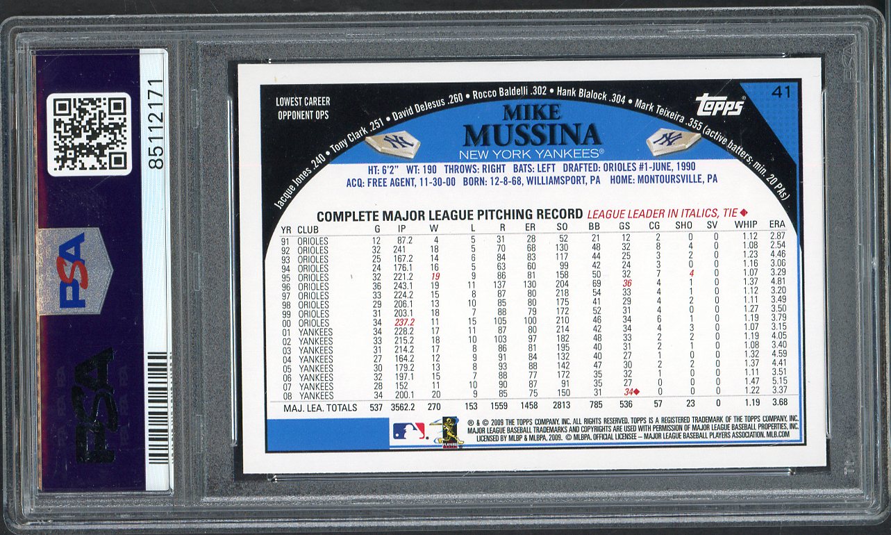 2009 Topps # 41 Mike Mussina Yankees PSA 10 GEM MINT 565234