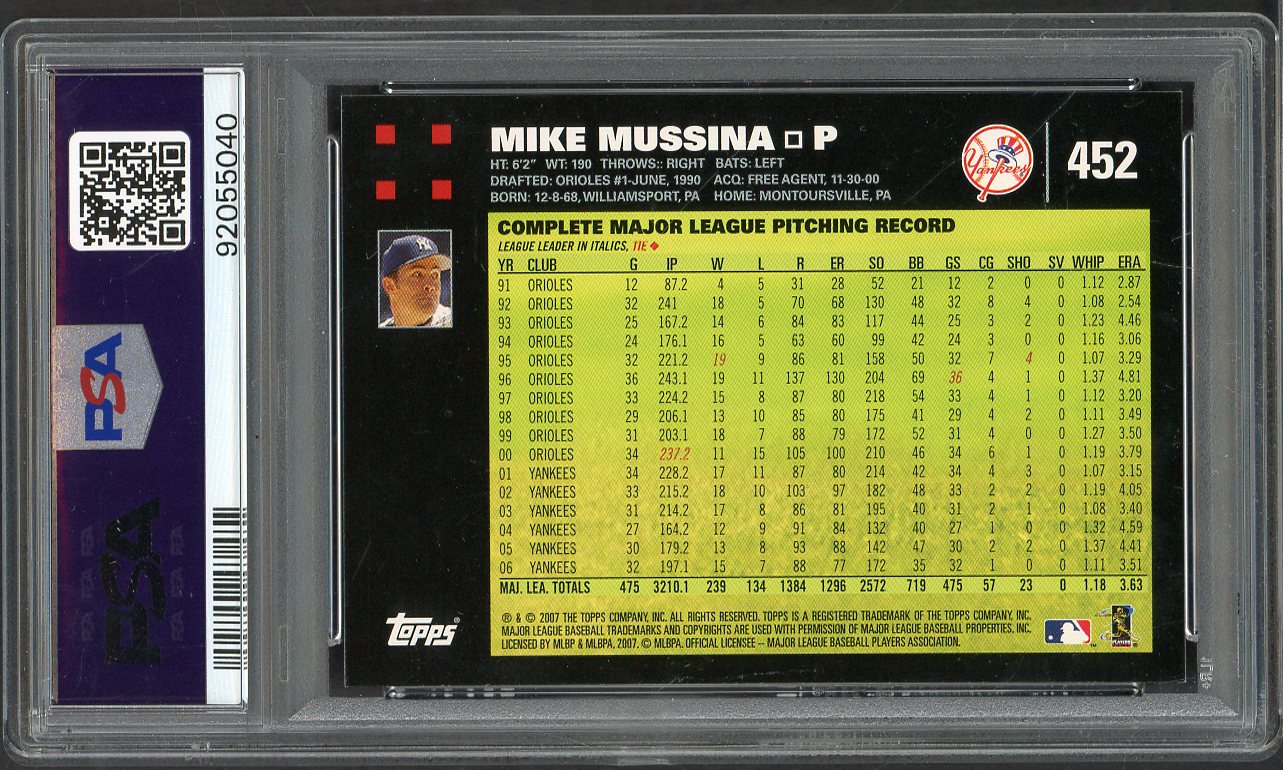 2007 Topps #452 Mike Mussina Yankees PSA 9 MINT 565238