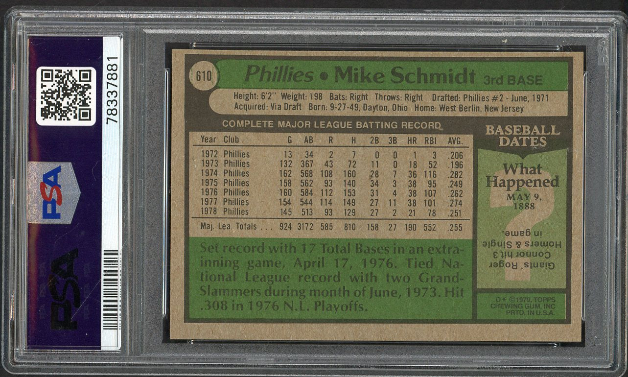 1979 Topps Baseball #610 Mike Schmidt Phillies PSA 8 NM/MT 565241