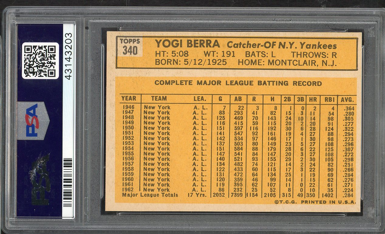 1963 Topps Baseball #340 Yogi Berra Yankees PSA 5 EX 565251