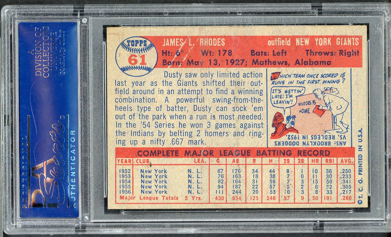 1957 Topps Baseball # 61 Dusty Rhodes Giants PSA 6 EX-MT 565252