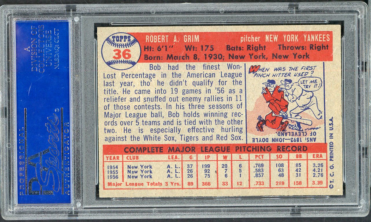 1957 Topps Baseball # 36 Bob Grim Yankees PSA 6 EX-MT 565254