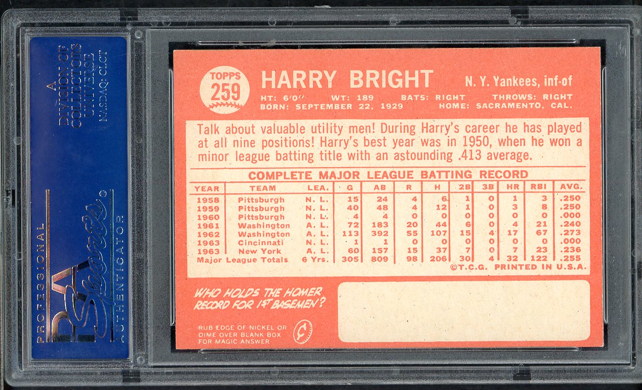 1964 Topps Baseball #259 Harry Bright Yankees PSA 8.5 NM/MT+ 565256