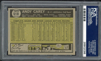 1961 Topps Baseball #518 Andy Carey A's PSA 9 MINT 565279