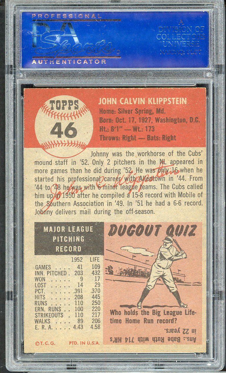 1953 Topps Baseball # 46 Johnny Klippstein Cubs PSA 8 NM/MT oc 565288