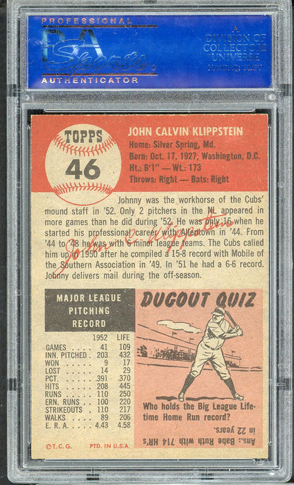 1953 Topps Baseball # 46 Johnny Klippstein Cubs PSA 8 NM/MT oc 565288