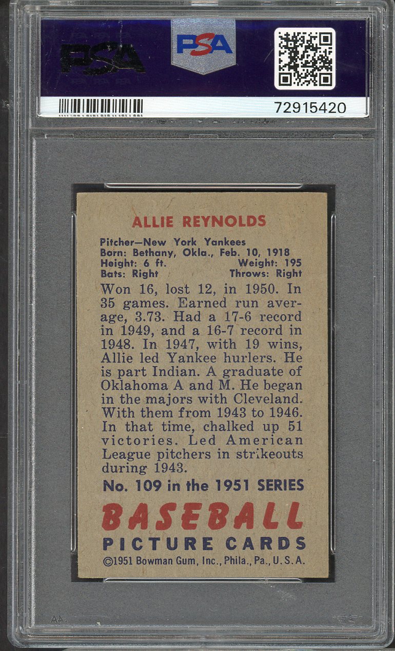 1951 Bowman Baseball #109 Allie Reynolds Yankees PSA 4 VG-EX 565291