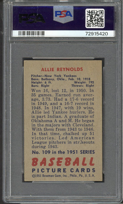1951 Bowman Baseball #109 Allie Reynolds Yankees PSA 4 VG-EX 565291