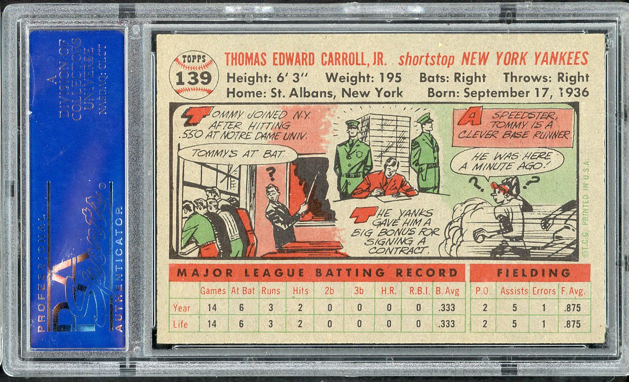 1956 Topps Baseball #139 Tommy Carroll Yankees PSA 6 EX-MT Gray 565295