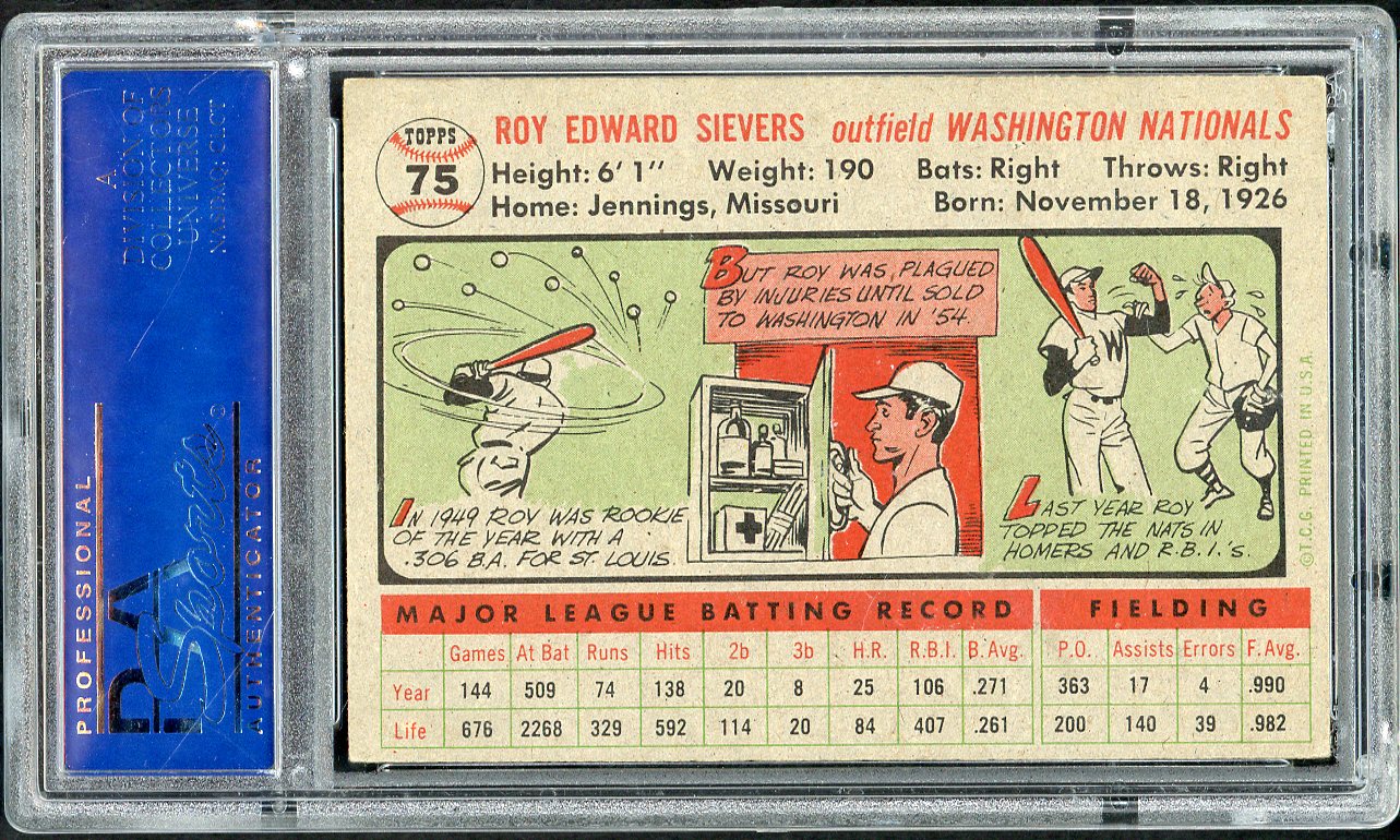 1956 Topps Baseball # 75 Roy Sievers Senators PSA 6 EX-MT Gray 565297