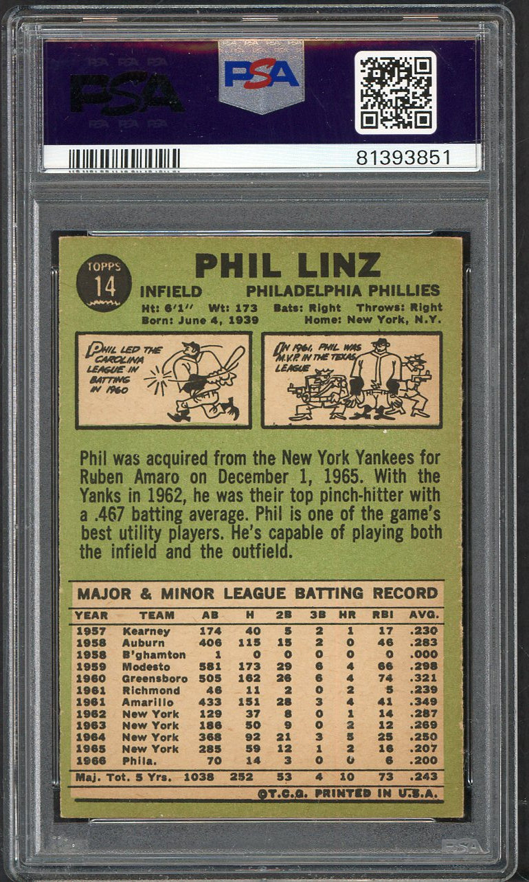 1967 Topps Baseball # 14 Phil Linz Phillies PSA 5 EX 565298