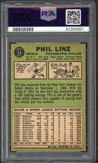 1967 Topps Baseball # 14 Phil Linz Phillies PSA 5 EX 565298