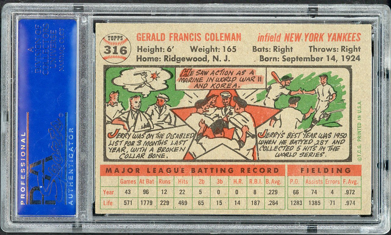 1956 Topps Baseball #316 Jerry Coleman Yankees PSA 7 NM 565305
