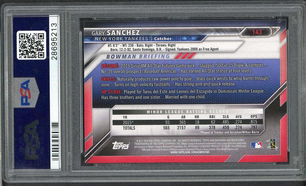 2016 Bowman #143 Gary Sanchez Yankees PSA 10 GEM MINT 565316