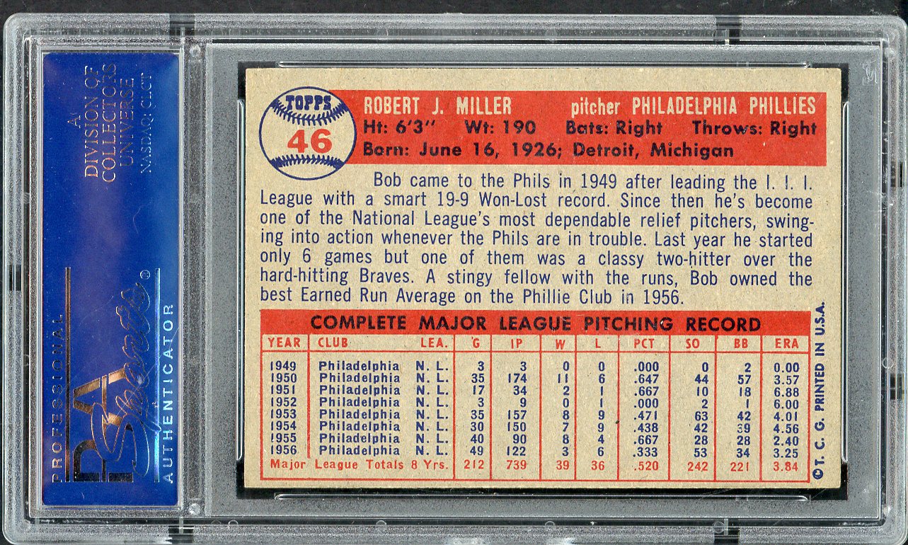 1957 Topps Baseball # 46 Bob Miller Phillies PSA 6 EX-MT 565321