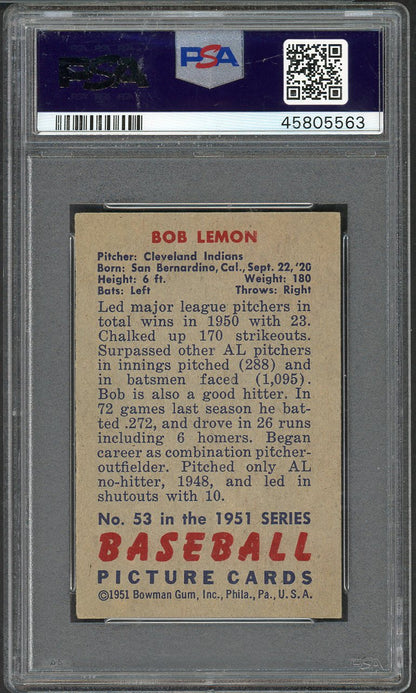 1951 Bowman Baseball # 53 Bob Lemon Indians PSA 6 EX-MT 565325
