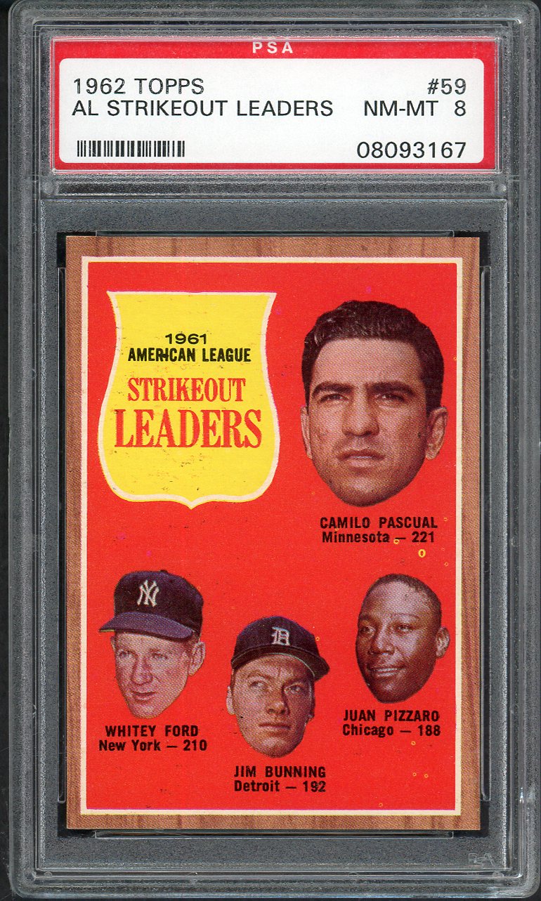 1962 Topps Baseball # 59 A.L. Strike Out Leaders Whitey Ford PSA 8 NM/MT 565330