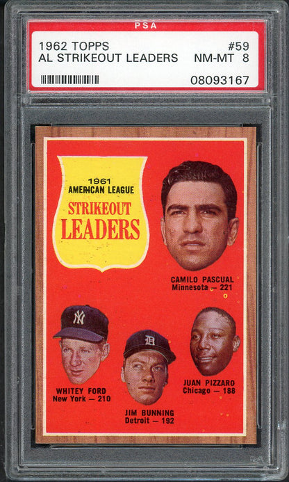 1962 Topps Baseball # 59 A.L. Strike Out Leaders Whitey Ford PSA 8 NM/MT 565330