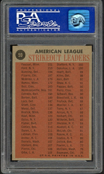1962 Topps Baseball # 59 A.L. Strike Out Leaders Whitey Ford PSA 8 NM/MT 565330