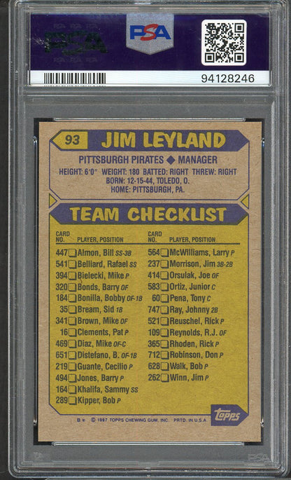 1987 Topps # 93 Jim Leyland Pirates PSA 9 MINT 565332