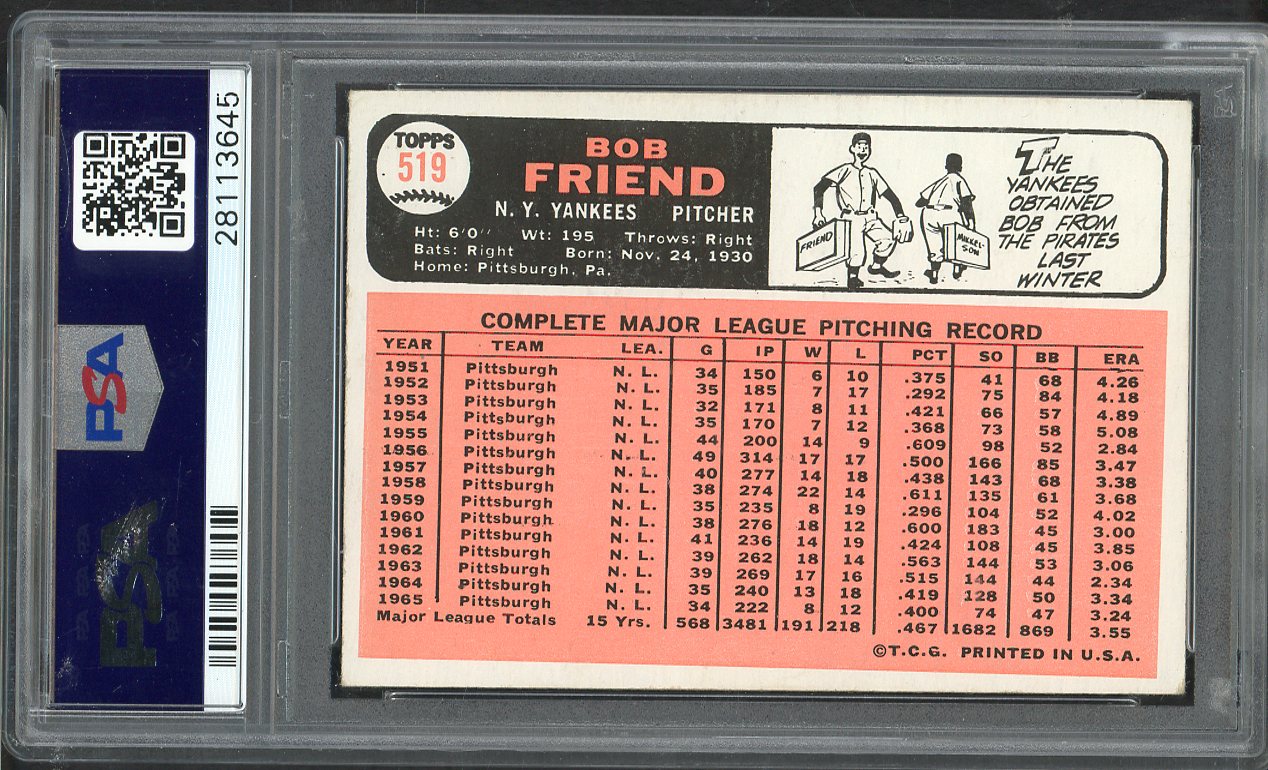 1966 Topps Baseball #519 Bob Friend Yankees PSA 4 VG-EX 565339