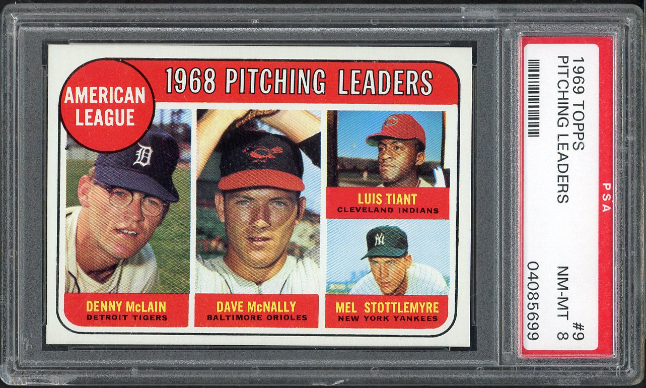 1969 Topps Baseball #  9 A.L. Win Leaders Denny McLain PSA 8 NM/MT 565361