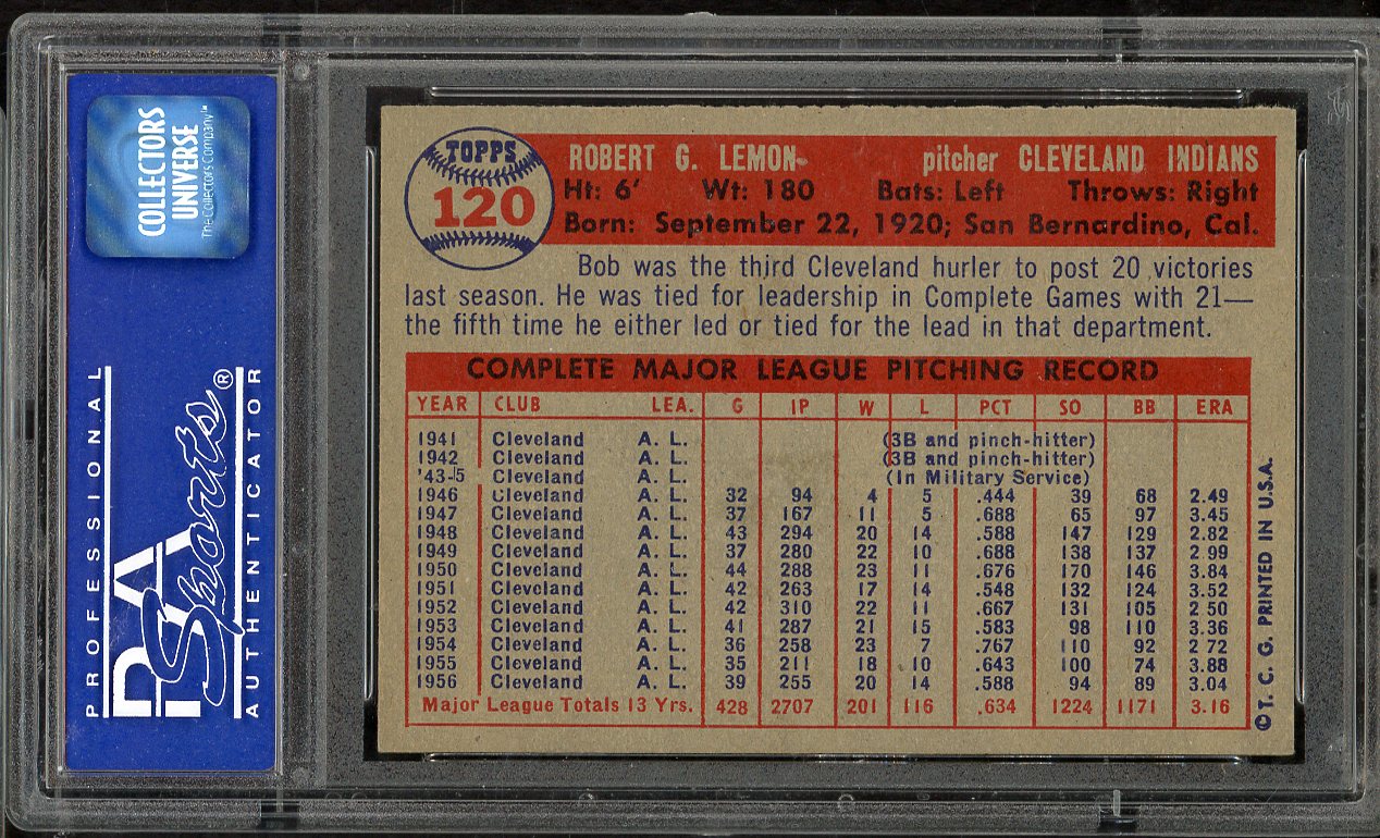 1957 Topps Baseball #120 Bob Lemon Indians PSA 7 NM 565363