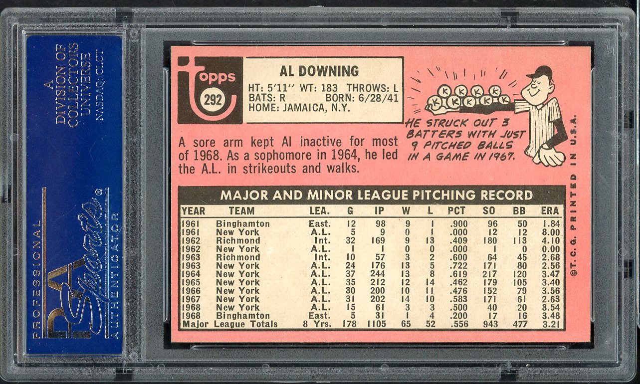 1969 Topps Baseball #292 Al Downing Yankees PSA 8 NM/MT 565369