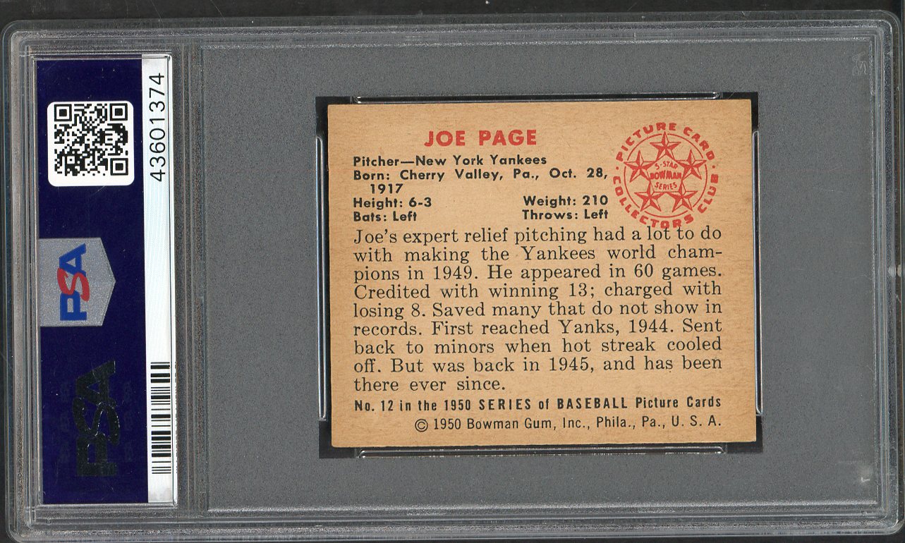 1950 Bowman Baseball # 12 Joe Page Yankees PSA 8 NM/MT 565378