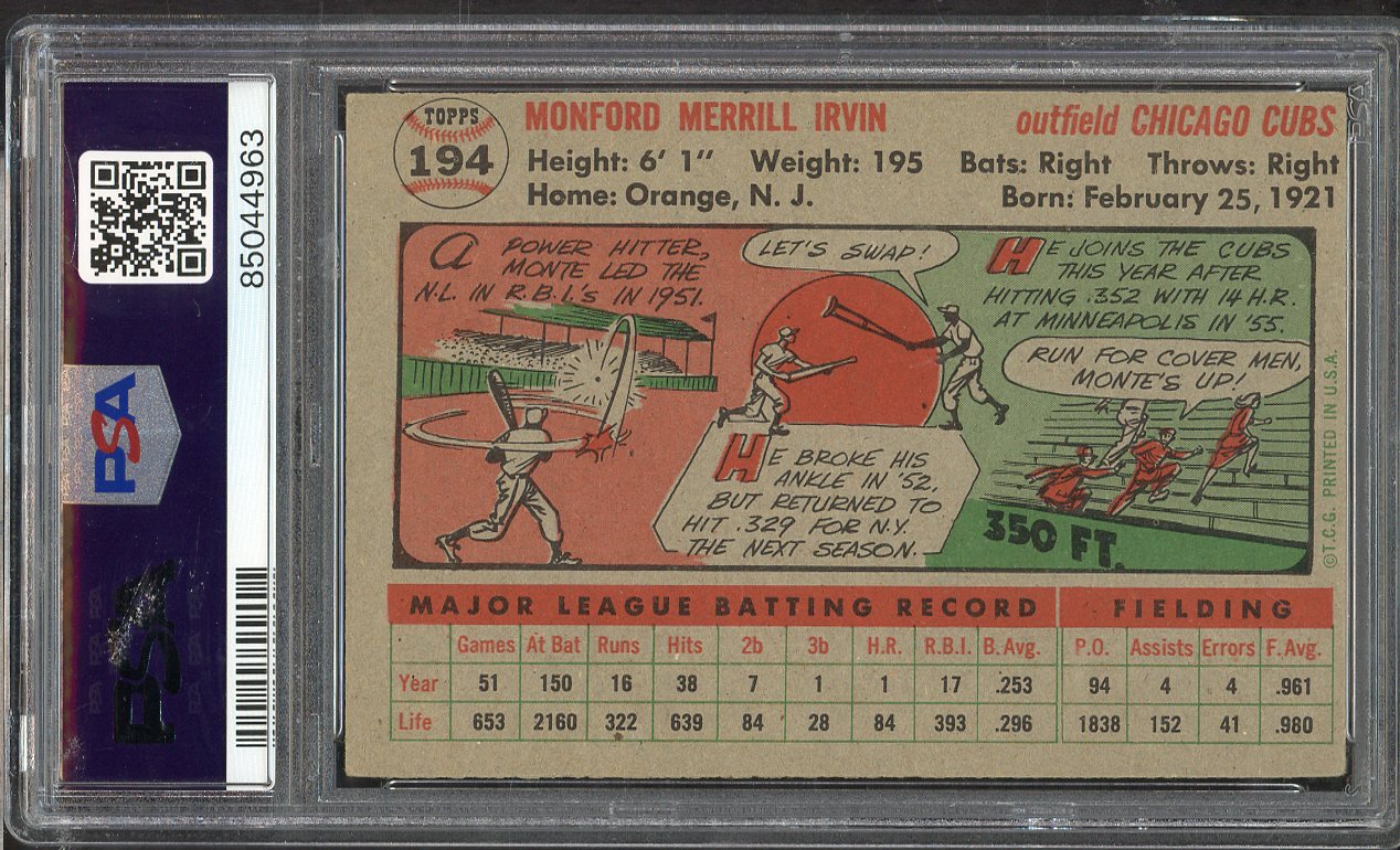 1956 Topps Baseball #194 Monte Irvin Cubs PSA 5 EX 565379