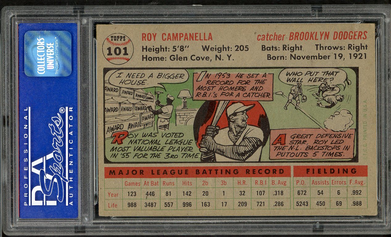 1956 Topps Baseball #101 Roy Campanella Dodgers PSA 6 EX-MT Gray 565380