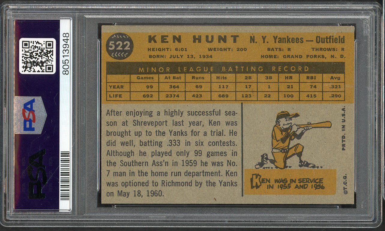 1960 Topps Baseball #522 Ken Hunt Yankees PSA 8 NM/MT 565381