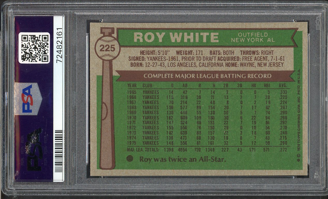 1976 Topps Baseball #225 Roy White Yankees PSA 6 EX-MT 565383