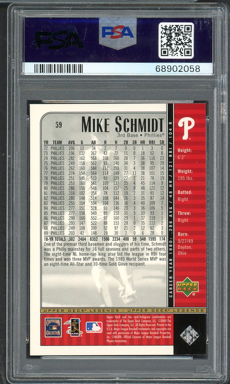 2000 Upper Deck Legends #059 Mike Schmidt Phillies PSA 10 GEM MINT 565398