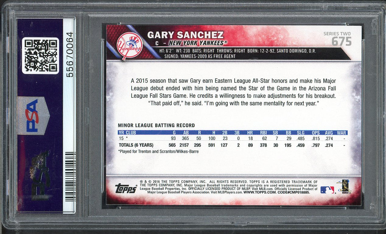 2016 Topps #675 Gary Sanchez Yankees PSA 10 GEM MINT 565403