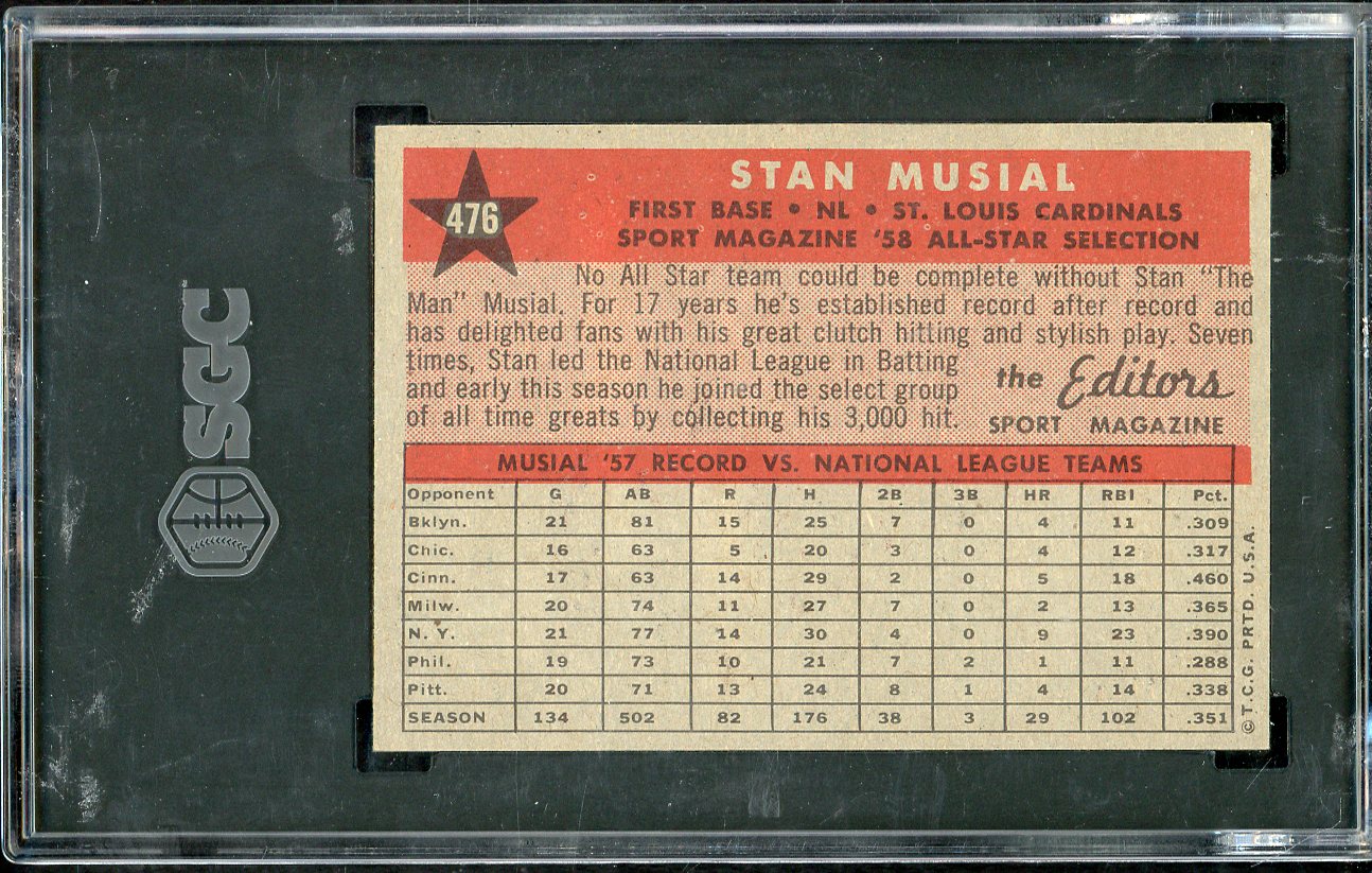 1958 Topps Baseball #476 Stan Musial A.S. Cardinals SGC 7 NM 565411