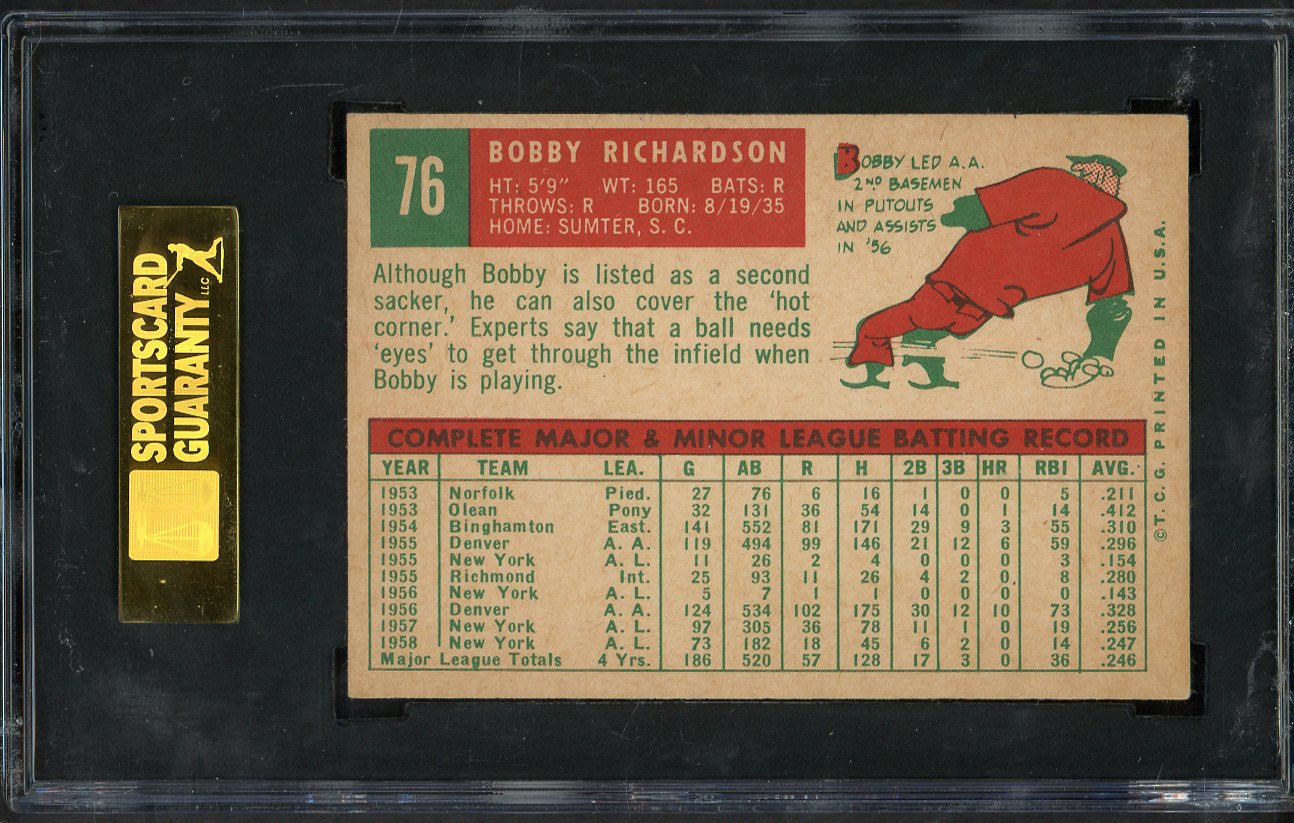 1959 Topps Baseball # 76 Bobby Richardson Yankees SGC 5.5 EX+ 565412