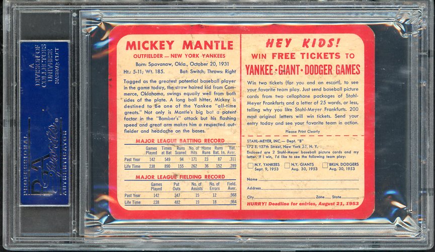 1953 Stahl Meyer Mickey Mantle Yankees PSA 1 PR 565448