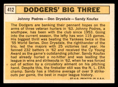 1963 Topps Baseball #412 Sandy Koufax Don Drysdale VG-EX 565455
